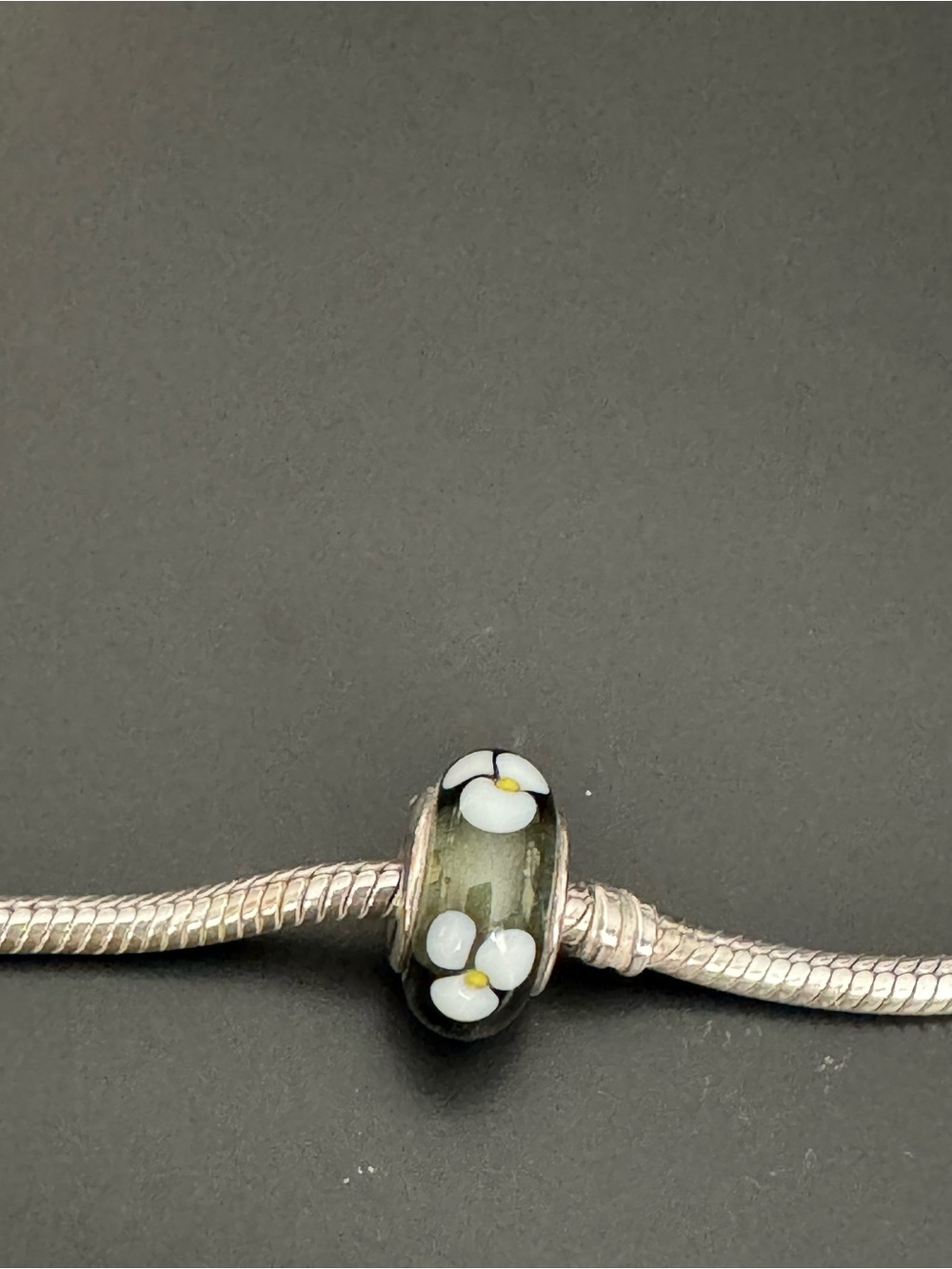 Pandora Retired Black Flowers Murano Glass Charm Bead with White Petals